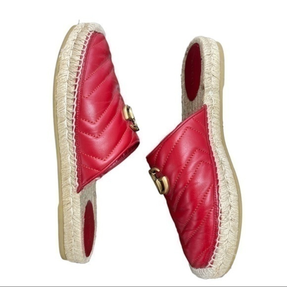 GUCCI Nappa Charlotte Hibiscus Red Leather GG Marmont Espadrille Mules Size 39.5 - Picture 3 of 7